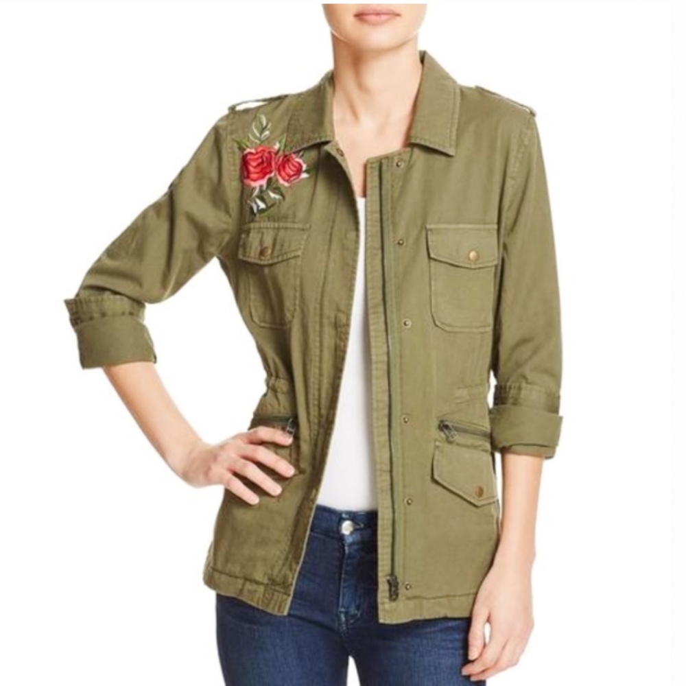 VELVET By Graham & Spencer Utility Jacket Green w. Rose Embroidery 100% Cotton S